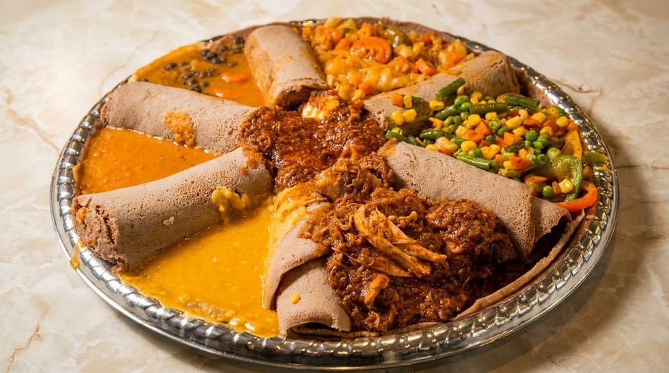 A large silver platter of Ethiopian injera bread with various stews and vegetables.