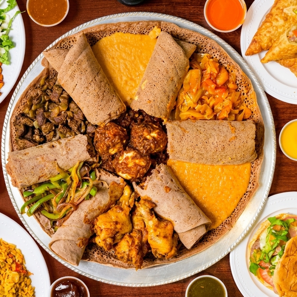 Overhead view of a large platter of Ethiopian injera with various stews, surrounded by other dishes.