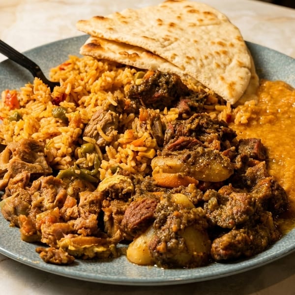 A plate of rice, meat, dal, and naan bread, with two black forks.
