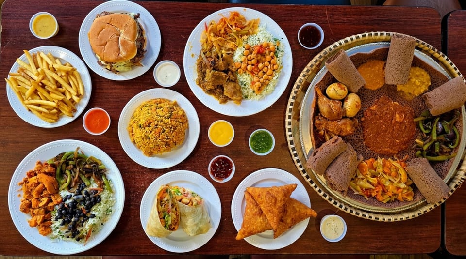 An overhead view of a wooden table laden with various Ethiopian and American dishes, including injera, rice, burgers, and samosas.